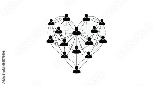 Black silhouette network connection people icons in heart shape on white background, symbolizing love, community, and social bonding
