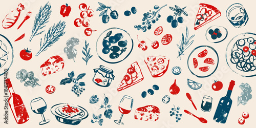 A delightful pattern showcasing various mediterranean food items and wine bottles