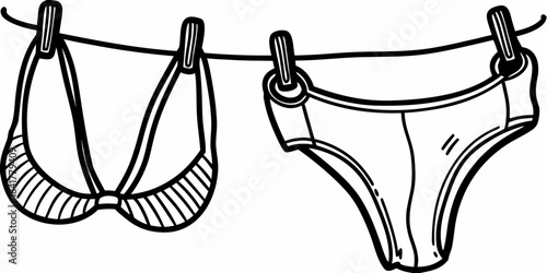 Black and white illustration of a bikini hanging on a clothesline