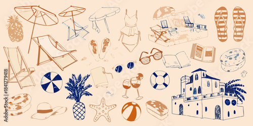 Summer vacation doodles beach essentials cocktails and coastal scenery illustrated