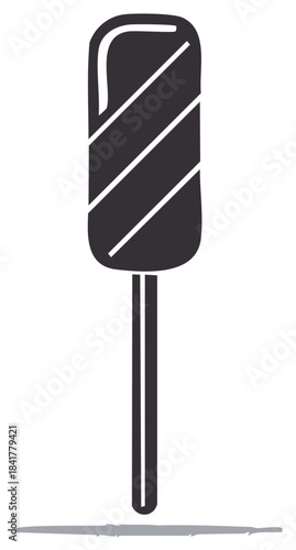 Simple graphic icon of a dark popsicle with diagonal white stripes on a stick.