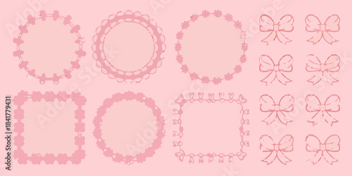 A collection of delicate pink lace frames and ribbon bows on a soft background