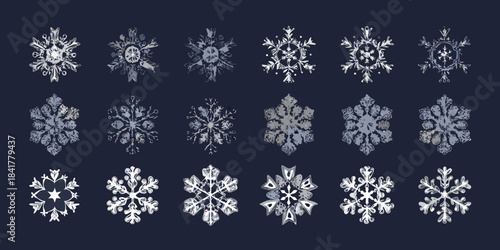 Detailed collection of diverse intricate snowflake patterns against a dark backdrop