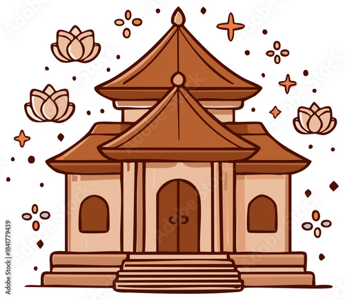 Traditional Asian Temple with Lotus Flowers and Ornamental Star Embellishments