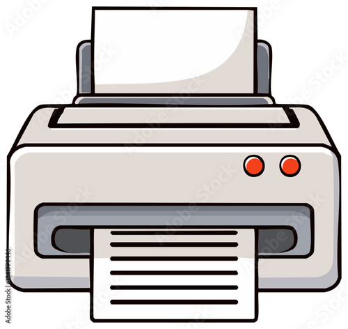 Cartoon illustration of an office printer machine printing a paper document.
