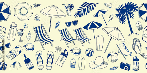 A summer scene featuring beach items including umbrellas chairs and accessories