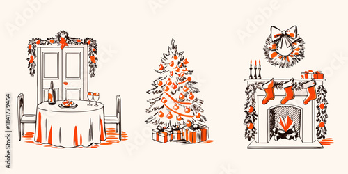 Festive christmas scene with decorated doorway tree fireplace and gifts