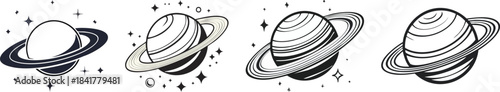 Outer space planet drawing featuring circular ring design in minimal clean bold line art style