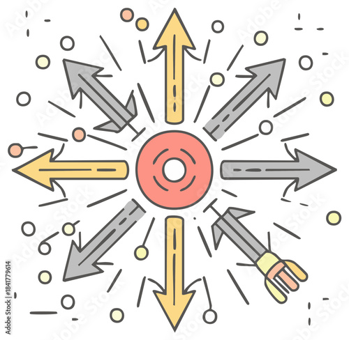 Abstract radial pattern with arrows emanating from the center circle pointing in multiple directions, choice concept