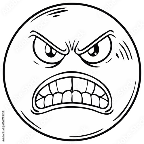 Angry Face Vector Illustration, Black Outline, Cartoon Character, Gritted Teeth