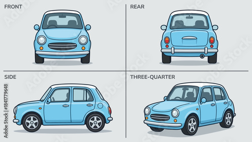Light Blue Car Illustration – Front, Rear, Side, Three-Quarter Views for Automotive Design, Vehicle Modeling, Car Rendering, Educational Use, and Visual Reference in Transportation Projects
