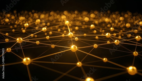 Abstract Golden Network of Glowing Spheres Connected by Lines, Modern and Minimalistic.