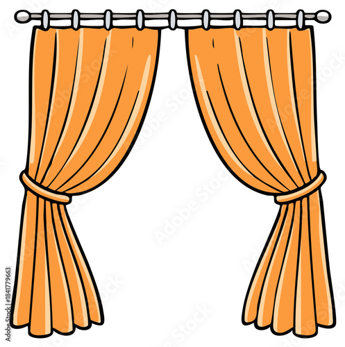 Drawn orange window curtains held open with tie backs classic home decor illustration
