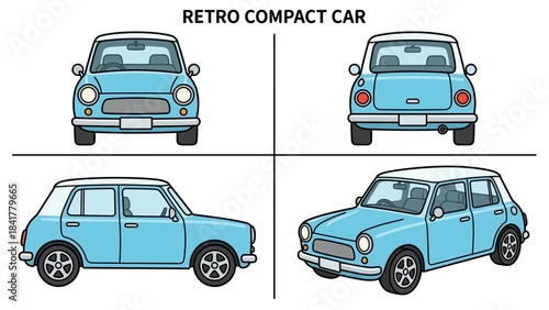 Light Blue Car Illustration – Front, Rear, Side, Three-Quarter Views for Automotive Design, Vehicle Modeling, Car Rendering, Educational Use, and Visual Reference in Transportation Projects