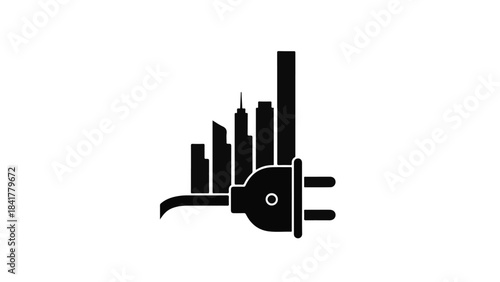 Modern cityscape emerging from electric plug, symbolizing urban energy and sustainable development, black and white illustration for eco-friendly and technological concepts