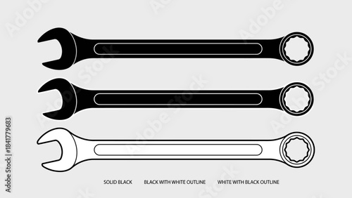 Combination Wrench Illustration – Solid Black, Outlined Styles for Tool Design, Graphic Reference, Industrial Art, Mechanical Drawing, and Engineering Visuals in Technical Projects