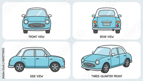 Light Blue Car Illustration – Front, Rear, Side, Three-Quarter Views for Automotive Design, Vehicle Modeling, Car Rendering, Educational Use, and Visual Reference in Transportation Projects