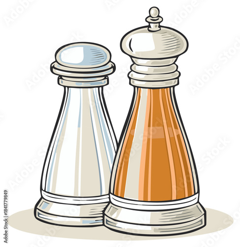 Illustration of salt and pepper shakers, cartoon style. Kitchen essentials on a table