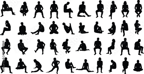 Diverse male and female silhouettes in various seated poses showing relaxed, thoughtful and casual positions for creative artwork, concept design, vector illustration