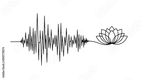 Sound wave pattern transforming into lotus flower symbolizing harmony and balance in music and meditation