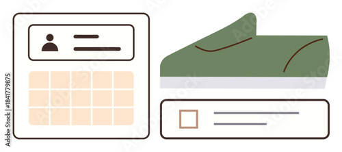 User interface showcasing a calendar with profile icon, green sneaker, and selection box. Ideal for e-commerce, product choice, fashion, scheduling, online shopping, user experience simple flat