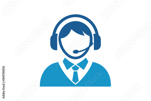 Customer support agent wearing headset displayed in blue logo on white background