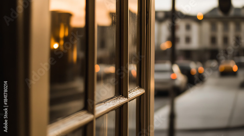 Urban Reflection: A window frames the cityscape, blurring the line between inside and outside. Golden light catches the glass, creating a warm, inviting contrast.
