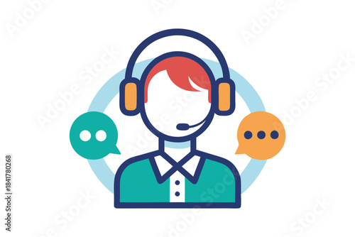 Colorful agent with headset communicates with speech bubbles on a white background today