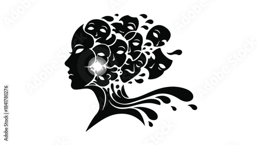 Black silhouette of woman's head with multiple faces emerging from her mind, representing mental health, psychology, and self concept in modern illustration style
