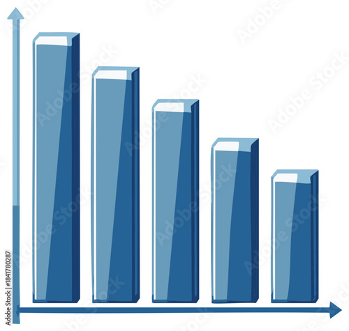 Blue 3D bar graph showing a downward trend in data representation