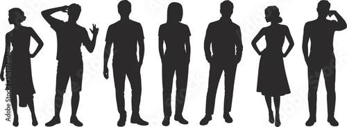 Diverse male and female silhouettes showing casual standing poses and expressive gestures for modern lifestyle design, creative artwork, vector illustration