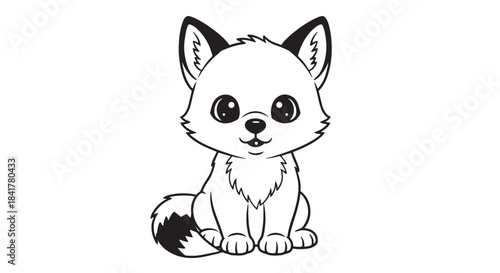 Cute Cartoon White Puppy Sitting with Big Eyes and Fluffy Tail.