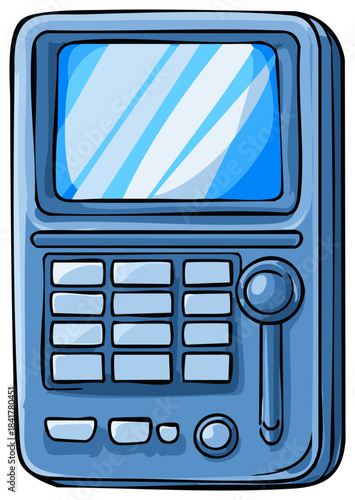 Cartoon blue electronic device with a screen, keypad and buttons in vector form.