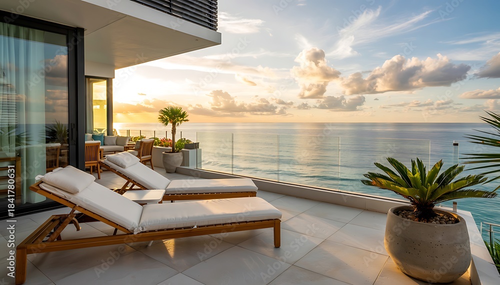 Fototapeta premium Luxury beachfront balcony with chaise lounges overlooking a serene ocean sunset and vibrant sky with fluffy clouds