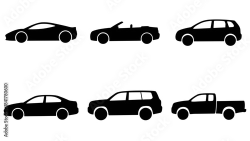 Vector Vehicle Silhouettes – Sports Car, Convertible, SUV, Sedan, Minivan, Pickup Truck Icons for Automotive Graphics, Consumer Guides, and Transportation Design