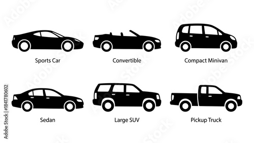 Vector Vehicle Silhouettes – Sports Car, Convertible, SUV, Sedan, Minivan, Pickup Truck Icons for Automotive Graphics, Consumer Guides, and Transportation Design