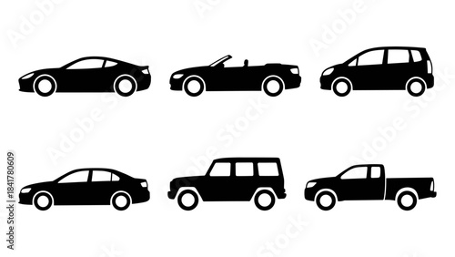 Vector Vehicle Silhouettes – Sports Car, Convertible, SUV, Sedan, Minivan, Pickup Truck Icons for Automotive Graphics, Consumer Guides, and Transportation Design