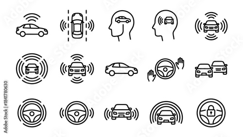 Vector Smart Car Icons – Automotive Technology and Safety Feature Graphics for Autonomous Driving, Vehicle Sensors, Driver Assistance, and Connected Car Interface Design