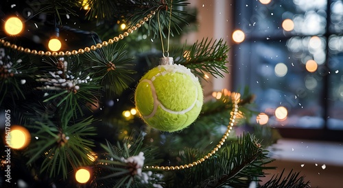Whimsical christmas tree ornament shaped like a bright yellow tennis ball with a subtle smiley face adorned with festive lights and garland