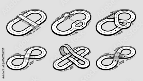 Vector Racetrack Designs – 3D Loop, Figure-Eight, and Overpass Track Graphics for Toy Cars, Racing Games, Transportation Concepts, and Creative Layouts