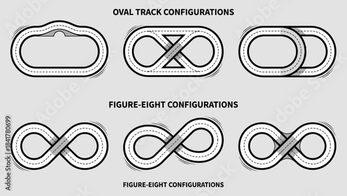 Vector Racetrack Designs – 3D Loop, Figure-Eight, and Overpass Track Graphics for Toy Cars, Racing Games, Transportation Concepts, and Creative Layouts