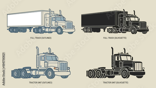 Vector Semi-Trailer Truck Configurations – Outlined and Silhouette Styles of Traditional and Cab-Over Variants for Logistics, Freight Design, and Vehicle Comparison Graphics