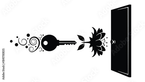 Black silhouette key unlocking door with flower, symbolizing freedom and opportunity in modern minimalist design