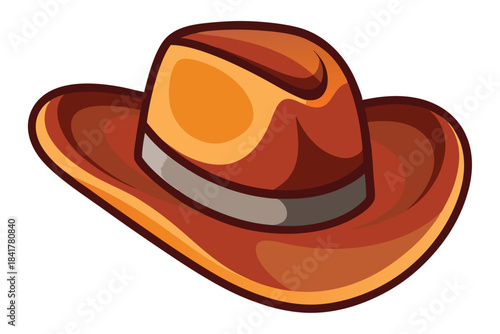 A cartoon cowboy hat with orange shading and a gray ribbon is presented