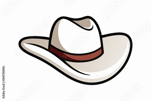 A stylized white cowboy hat with a brown band and thick black outline stands alone