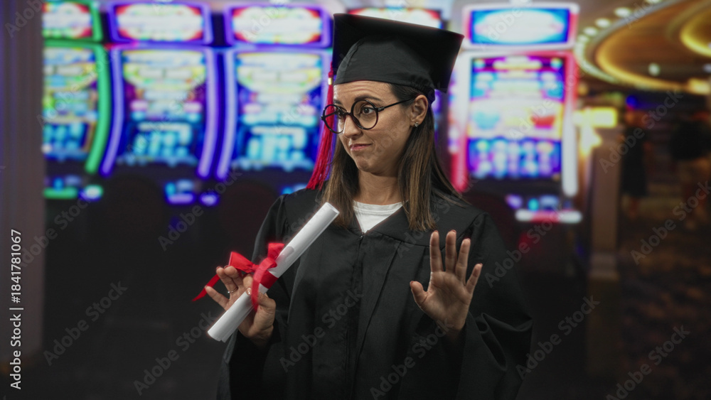 Fototapeta premium Woman holding diploma and red ribbon, palm raised in a building near slot machines and neon lights, wearing cap and gown with round glasses; wry skepticism.