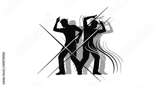 Silhouette of young adults dancing together in dynamic poses with motion lines on white background for music, dance, and lifestyle concepts