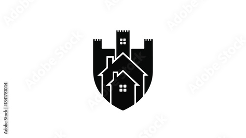 Real estate logo shield with house and castle, property protection and investment concept, modern black and white design for business and finance industry