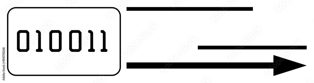 Obraz premium Binary code inside a rectangle with an arrow and lines, symbolizing digital communication, speed, and data transfer. Ideal for technology, programming, networking, software, internet binary data