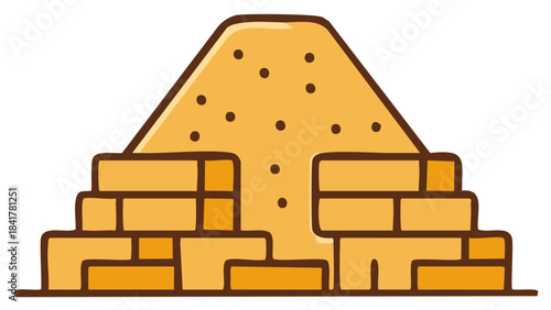 Cartoon stylized ancient stepped pyramid structure made of sand blocks and a sand mound on top